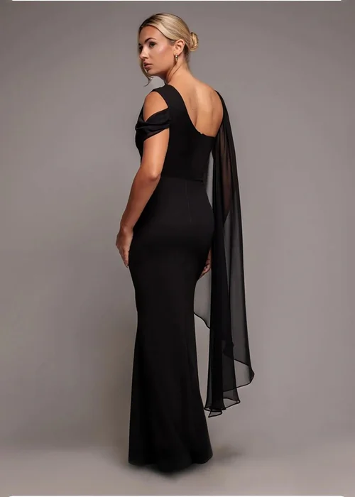 Goddiva Black One Shoulder Chiffon Cape Crepe Maxi Dress - 8 Image 2