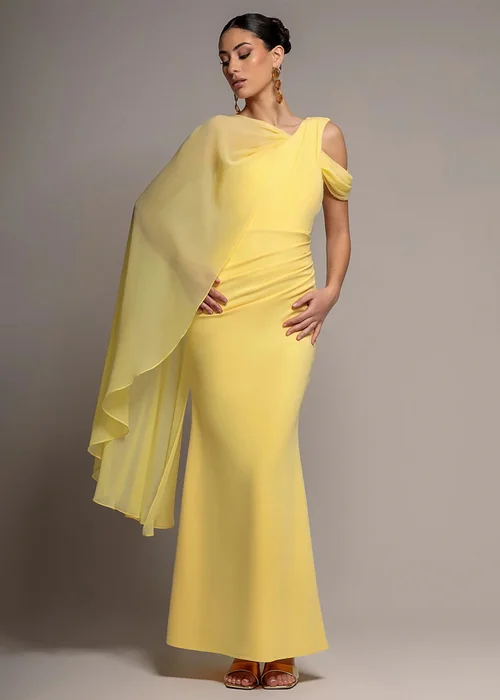 Goddiva Butter Yellow One Shoulder Chiffon Cape Crepe Maxi Dress - 10 Image 1