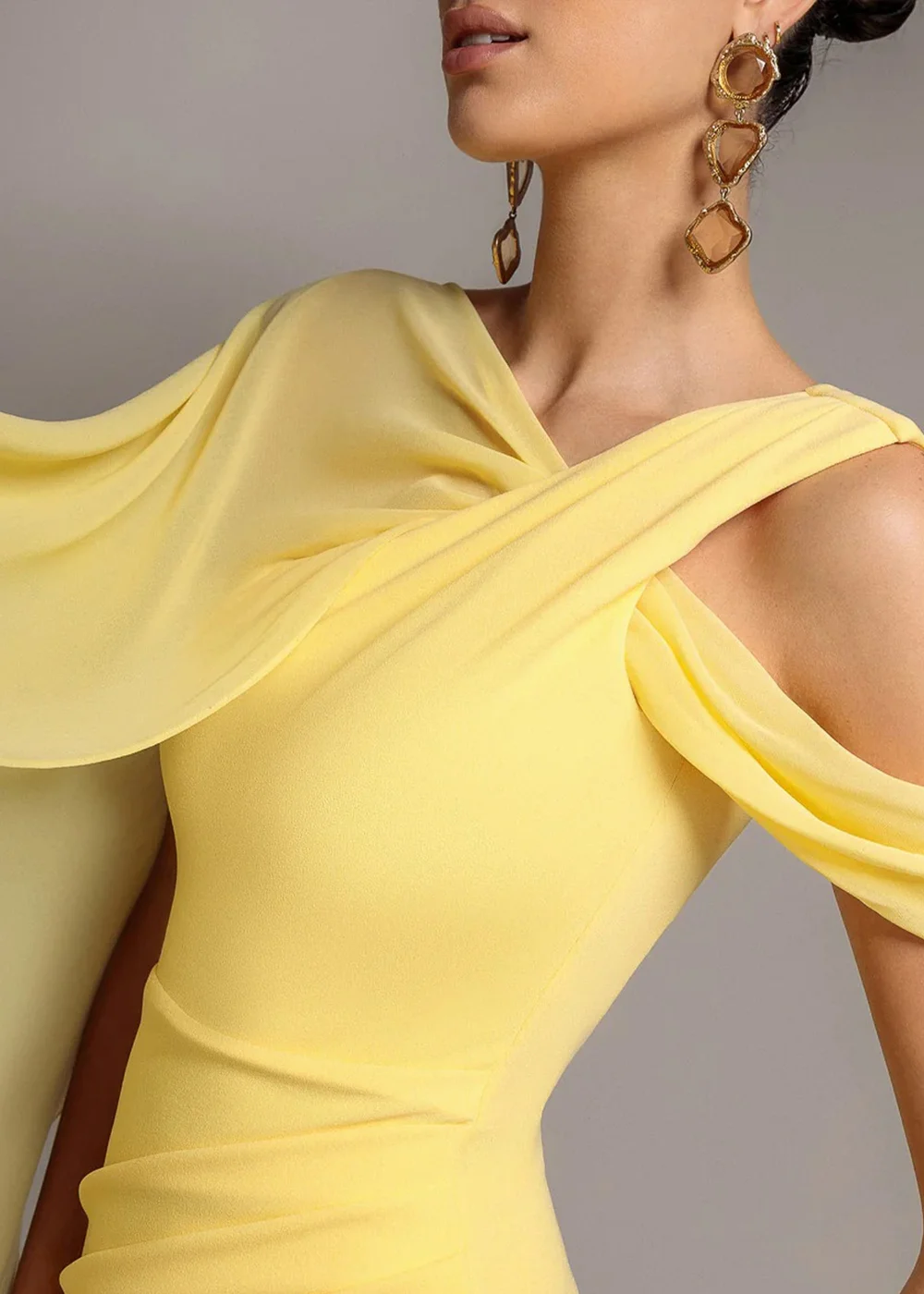 Goddiva Butter Yellow One Shoulder Chiffon Cape Crepe Maxi Dress - 10 Image 3