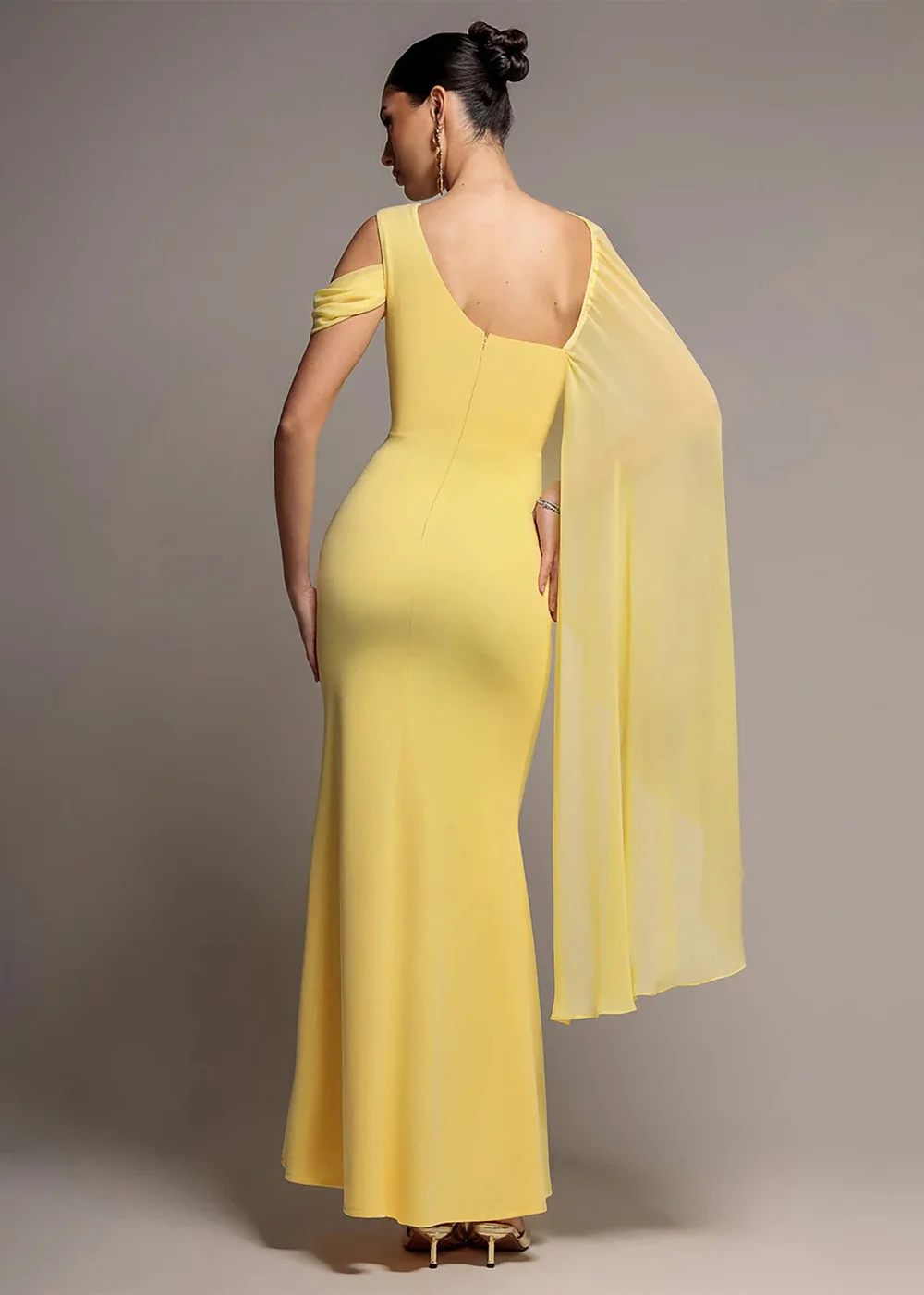 Goddiva Butter Yellow One Shoulder Chiffon Cape Crepe Maxi Dress - 10 Image 2