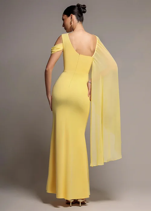 Goddiva Butter Yellow One Shoulder Chiffon Cape Crepe Maxi Dress - 10 Image 2