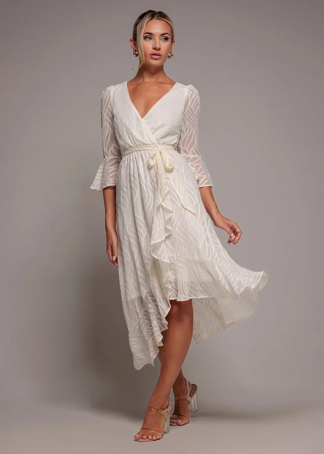 Goddiva Cream Chiffon Geo Wave Front Frill Wrap Midi Dress