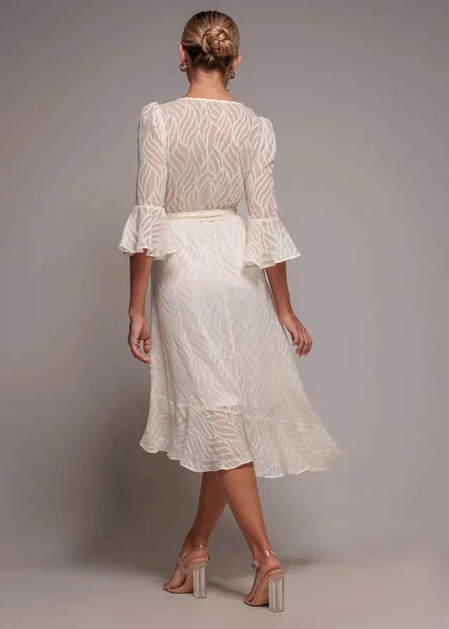 Goddiva Cream Chiffon Geo Wave Front Frill Wrap Midi Dress