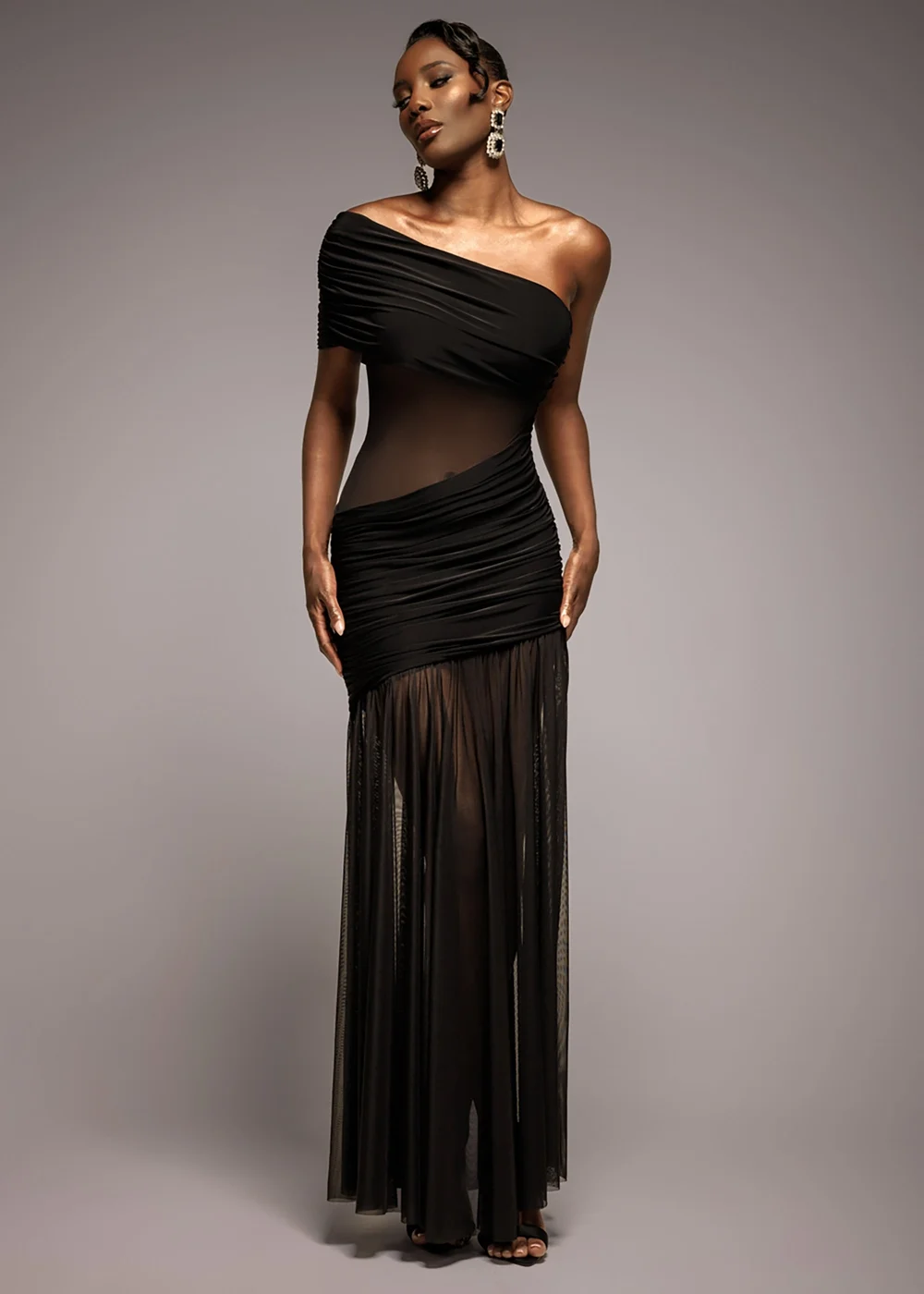 Goddiva Black Gathered One Shoulder Sheer Panel Maxi Dress - 6 Image 1