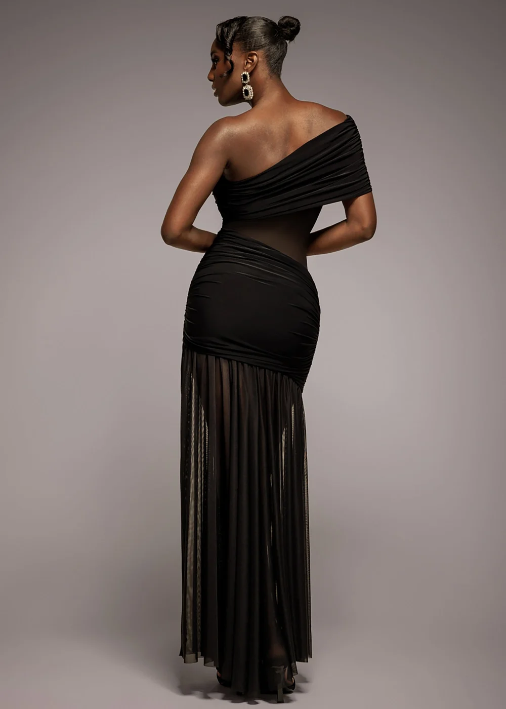 Goddiva Black Gathered One Shoulder Sheer Panel Maxi Dress - 6 Image 2