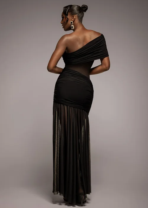 Goddiva Black Gathered One Shoulder Sheer Panel Maxi Dress - 6 Image 2