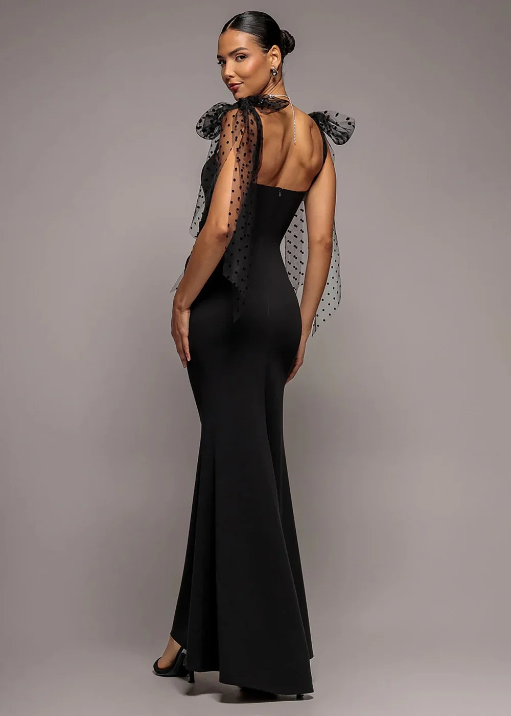 Goddiva Black Scuba & Polka Mesh Bella Bow Multiway Maxi Dress - 14 Image 2