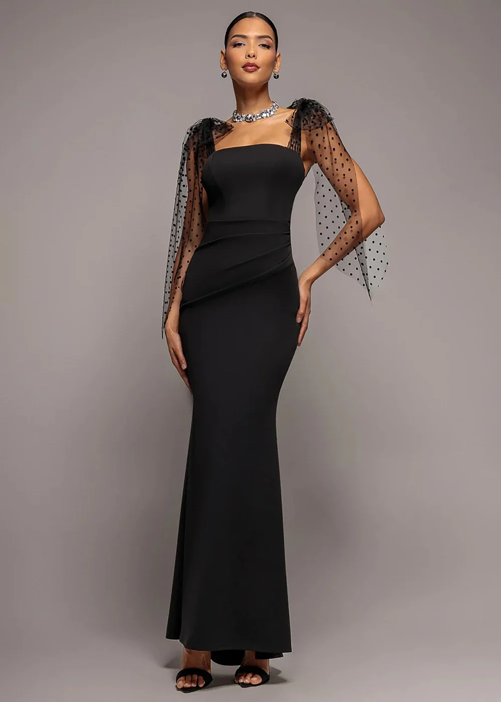 Goddiva Black Scuba & Polka Mesh Bella Bow Multiway Maxi Dress - 14 Image 1
