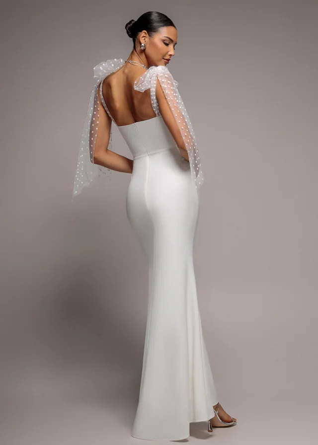 Goddiva White Scuba & Polka Mesh Bella Bow Multiway Maxi Dress