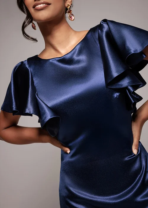 Goddiva Navy Satin Flutter Sleeve Mermaid Maxi Dress - 8 Image 3