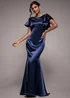 Goddiva Navy Satin Flutter Sleeve Mermaid Maxi Dress - 8 Image 1