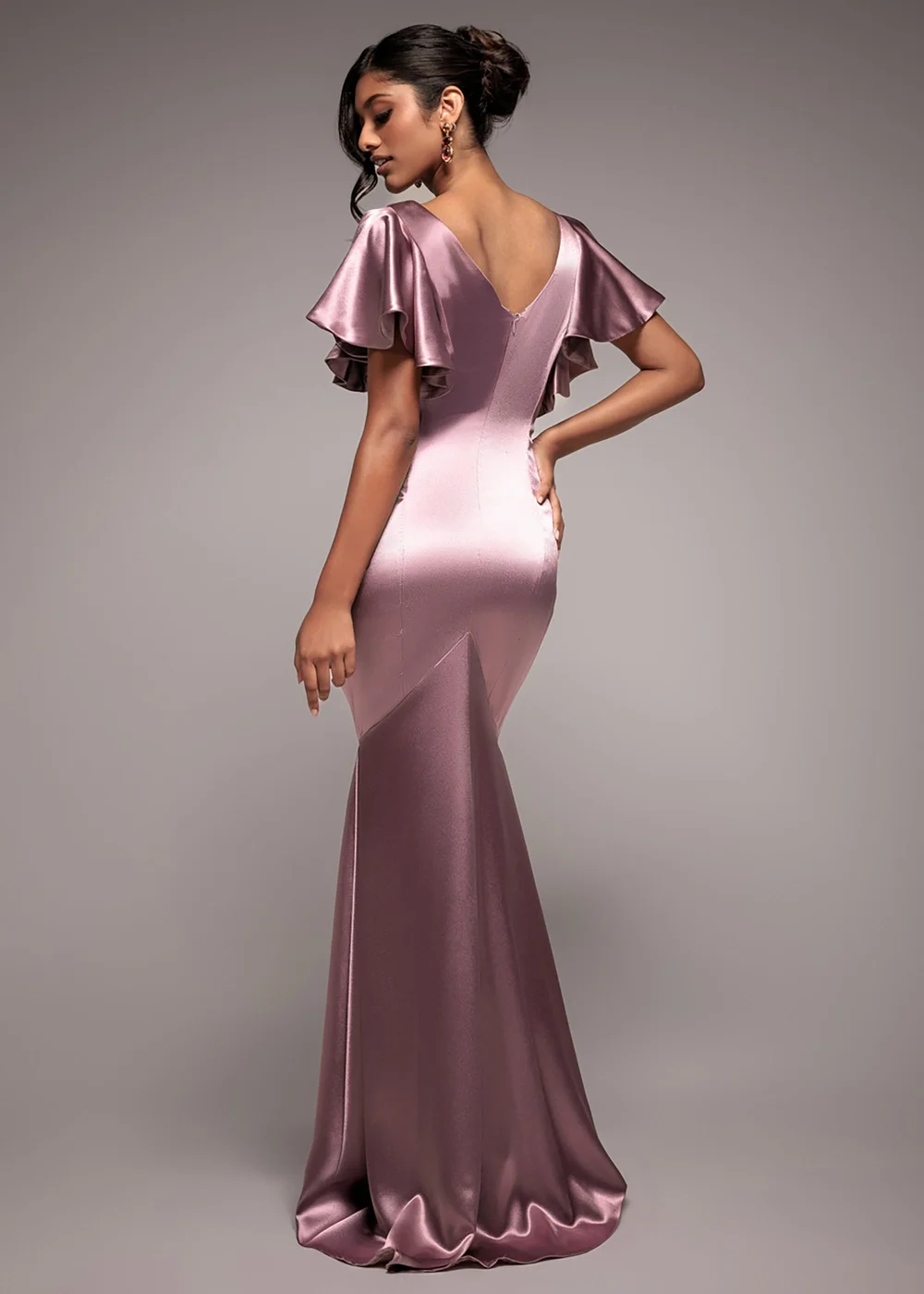 Goddiva Rose Pink Satin Flutter Sleeve Mermaid Maxi Dress - 8 Image 2