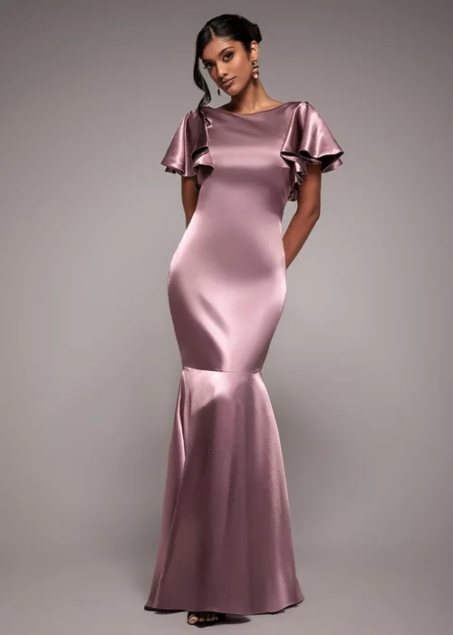 Goddiva Rose Pink Satin Flutter Sleeve Mermaid Maxi Dress - 8 Image 1