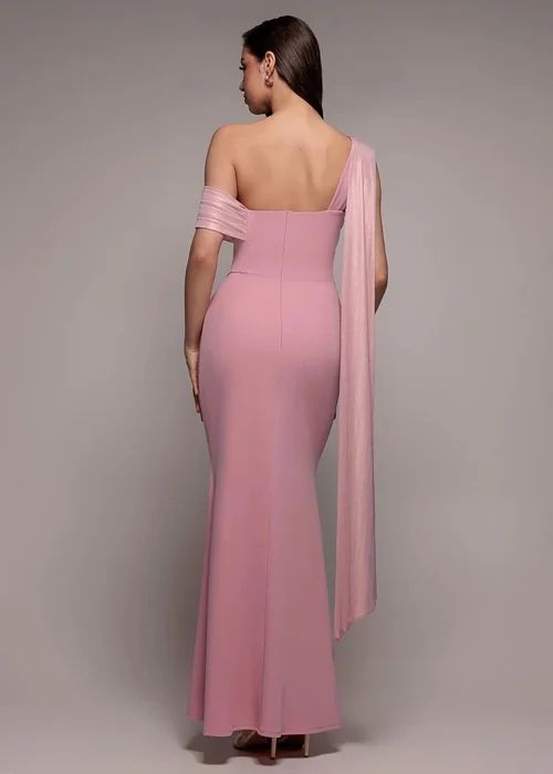 Goddiva Pink Lurex Pleated Bardot One Shoulder Cape Maxi Dress - 8 Image 2