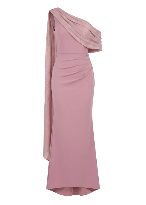 Goddiva Pink Lurex Pleated Bardot One Shoulder Cape Maxi Dress - 8 Image 5