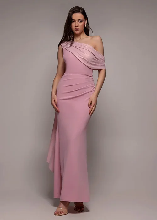 Goddiva Pink Lurex Pleated Bardot One Shoulder Cape Maxi Dress - 8 Image 1