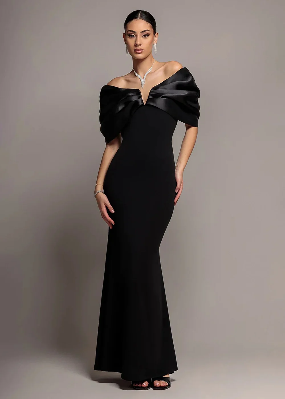 Goddiva Black Satin Plunge Neck Bardot Scuba Maxi Dress - 10 Image 1