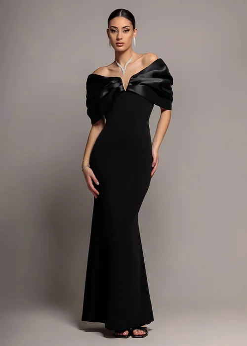 Goddiva Black Satin Plunge Neck Bardot Scuba Maxi Dress - 10 Image 1