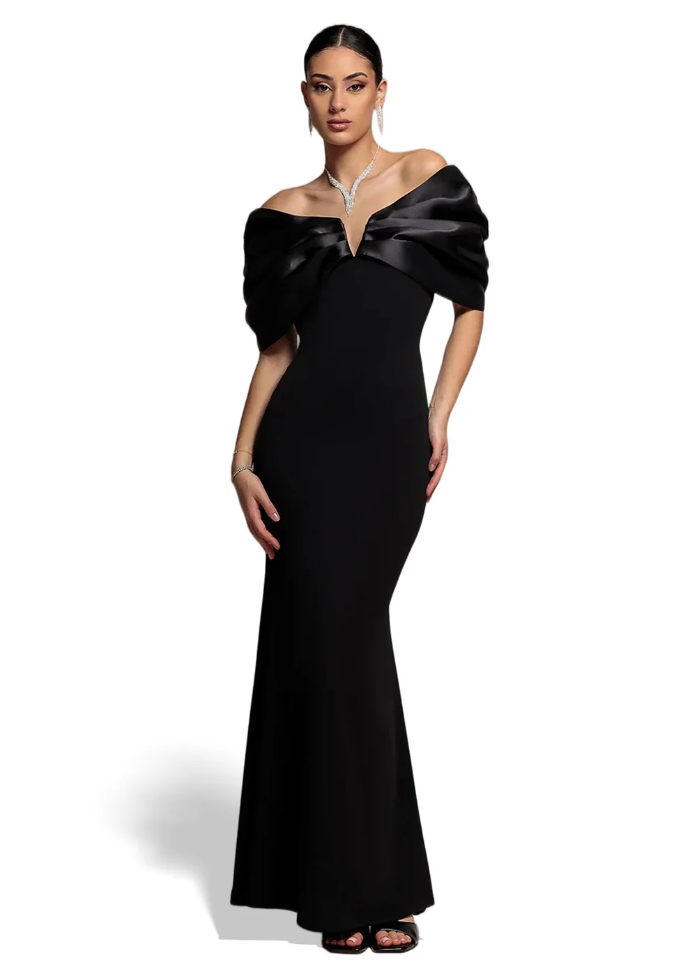 Goddiva Black Satin Plunge Neck Bardot Scuba Maxi Dress - 10 Image 1