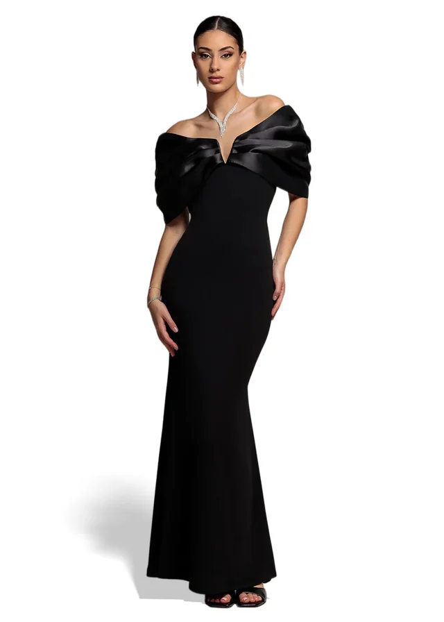 Goddiva Black Satin Plunge Neck Bardot Scuba Maxi Dress