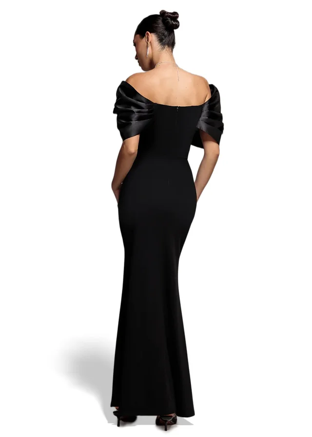 Goddiva Black Satin Plunge Neck Bardot Scuba Maxi Dress