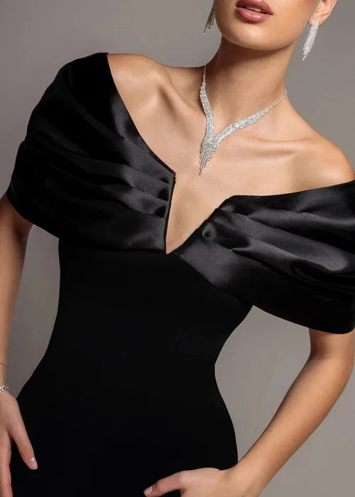 Goddiva Black Satin Plunge Neck Bardot Scuba Maxi Dress - 10 Image 3