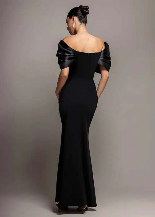 Goddiva Black Satin Plunge Neck Bardot Scuba Maxi Dress - 10 Image 2