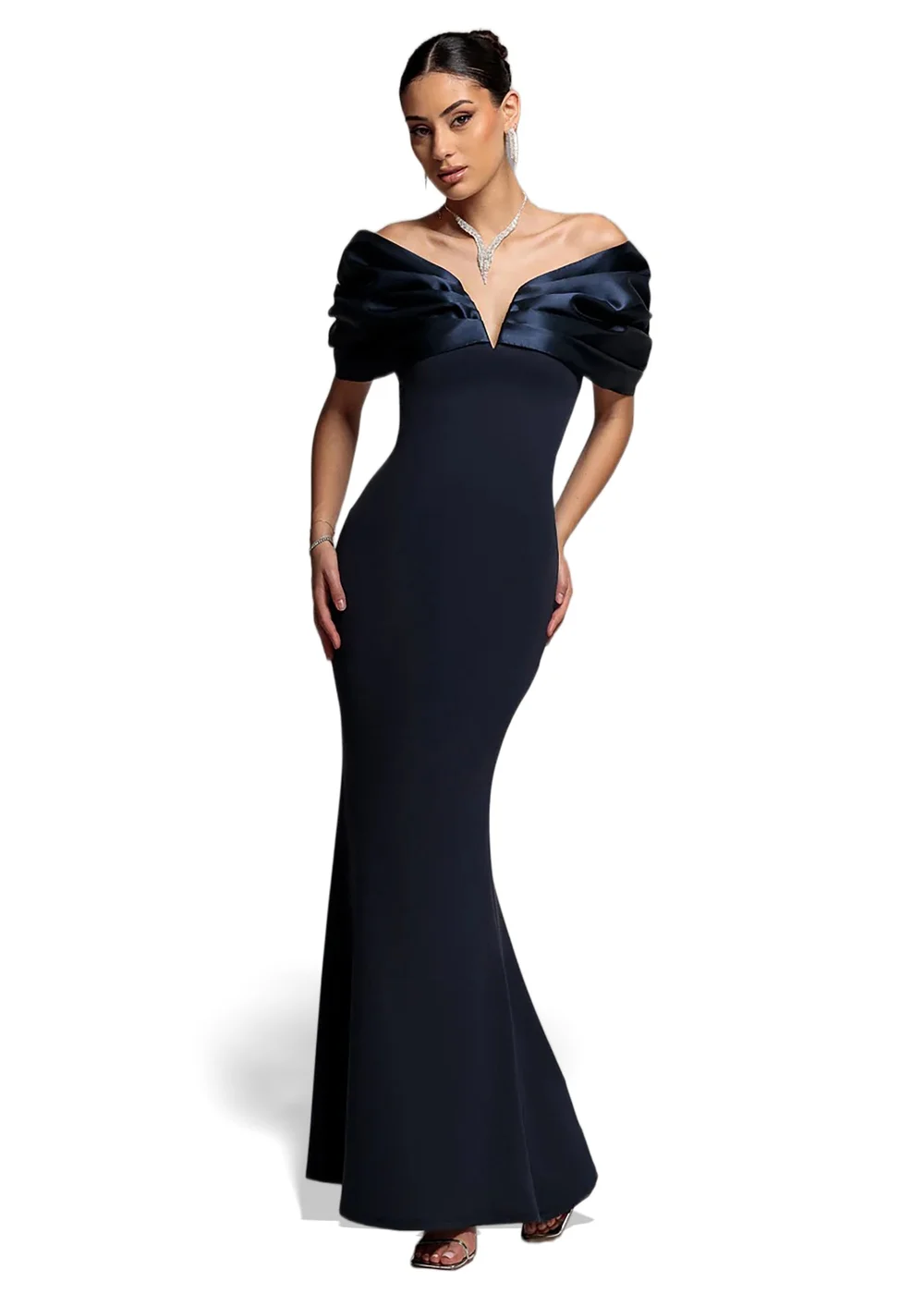 Goddiva Navy Satin Plunge Neck Bardot Scuba Maxi Dress - 16 Image 1