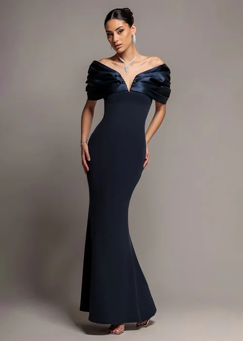 Goddiva Navy Satin Plunge Neck Bardot Scuba Maxi Dress - 10 Image 1