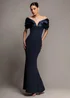 Goddiva Navy Satin Plunge Neck Bardot Scuba Maxi Dress - 10 Image 1