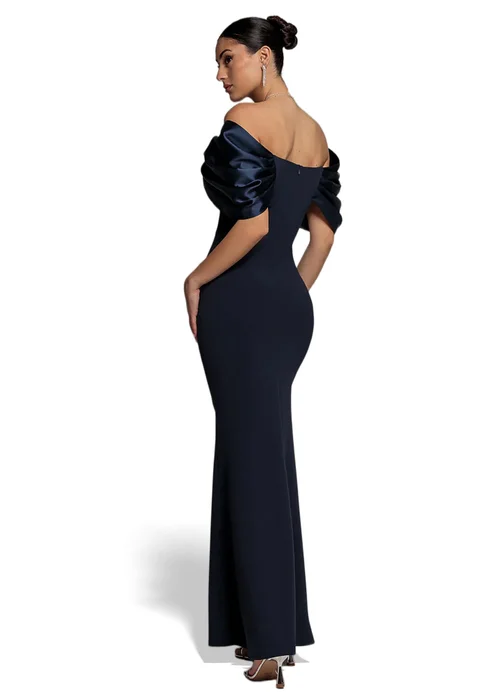Goddiva Navy Satin Plunge Neck Bardot Scuba Maxi Dress - 16 Image 2