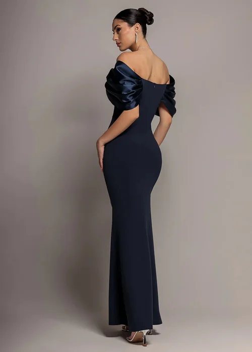 Goddiva Navy Satin Plunge Neck Bardot Scuba Maxi Dress - 10 Image 2