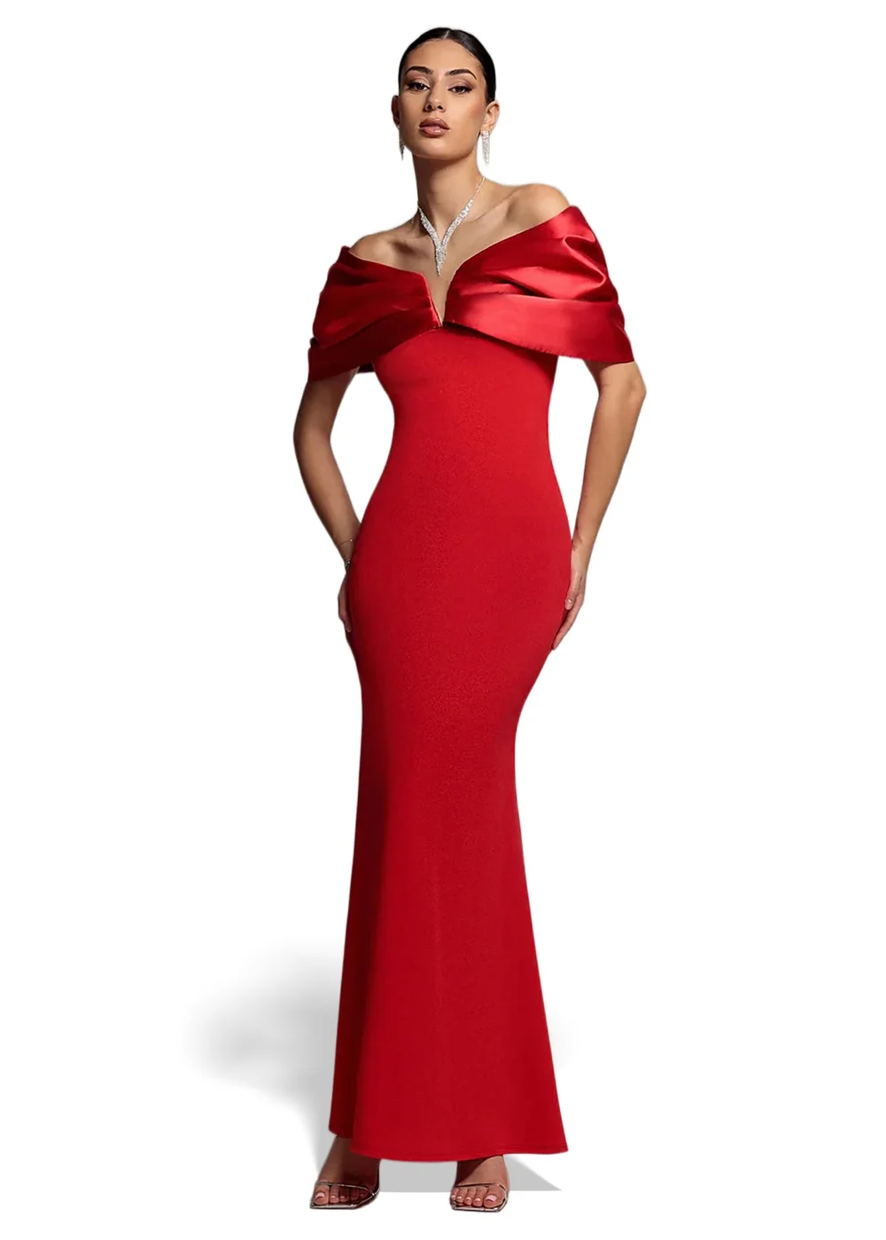 Goddiva Red Satin Plunge Neck Bardot Scuba Maxi Dress - 12 Image 1