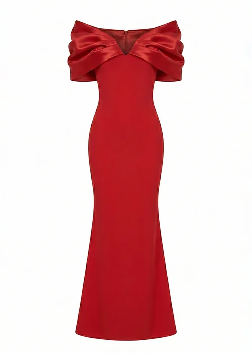 Goddiva Red Satin Plunge Neck Bardot Scuba Maxi Dress - 12 Image 5