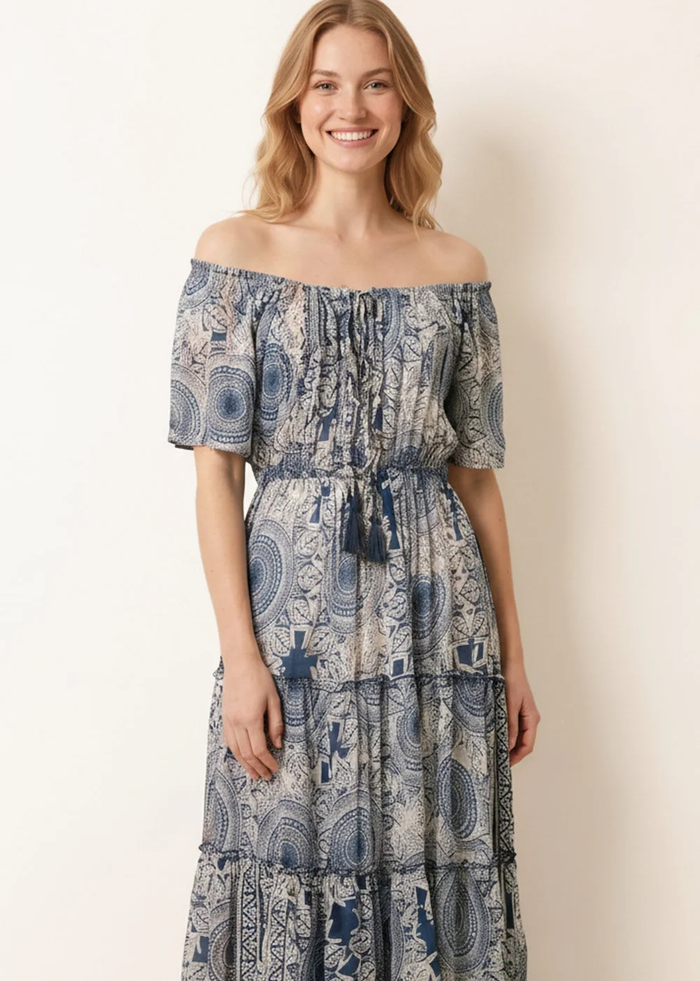 Blue Vanilla Navy Tie Front Bardot Maxi Dress - L/XL Image 3