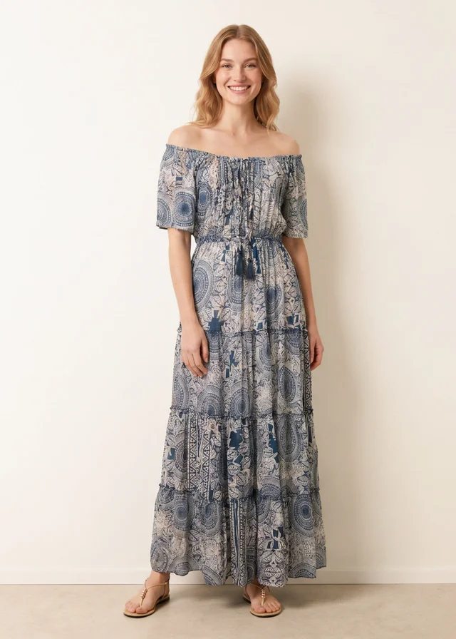 Blue Vanilla Navy Tie Front Bardot Maxi Dress