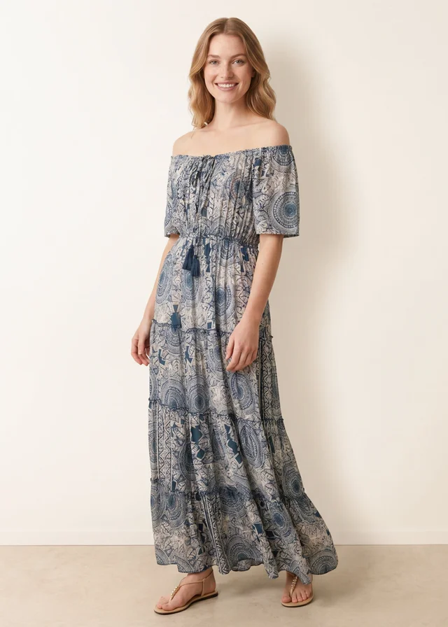Blue Vanilla Navy Tie Front Bardot Maxi Dress