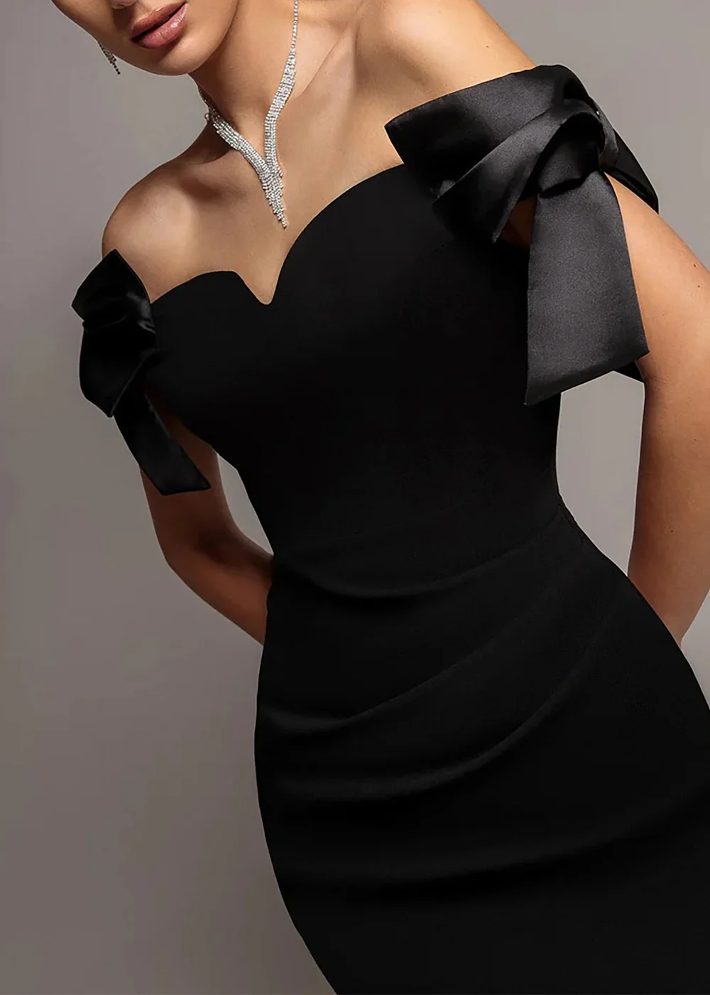 Goddiva Black Satin Bow Bardot Sheath Maxi Dress - 16 Image 3