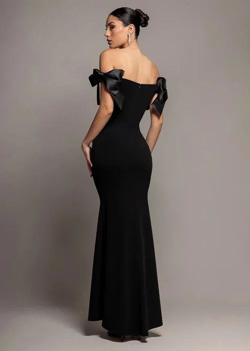 Goddiva Black Satin Bow Bardot Sheath Maxi Dress - 16 Image 2
