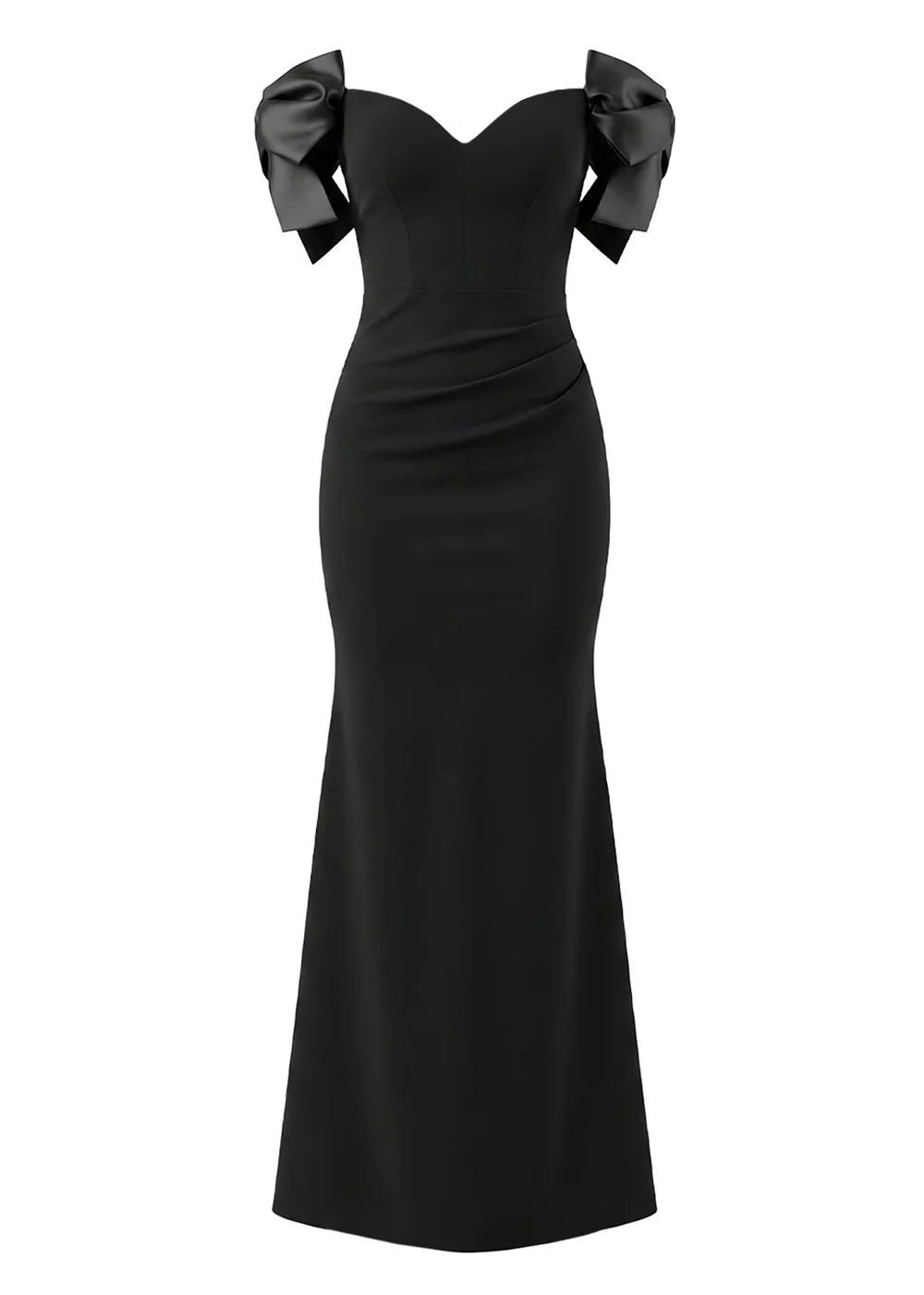 Goddiva Black Satin Bow Bardot Sheath Maxi Dress - 16 Image 5