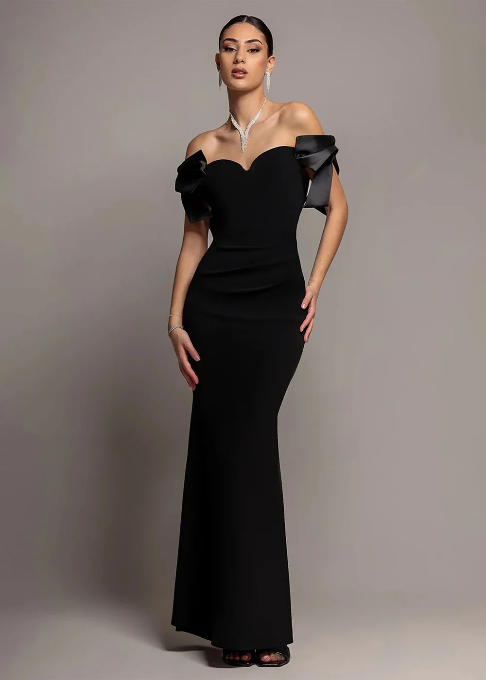 Goddiva Black Satin Bow Bardot Sheath Maxi Dress - 16 Image 1