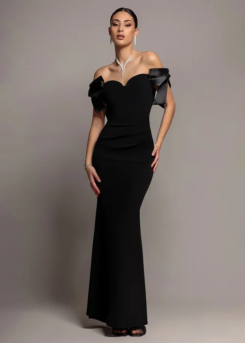 Goddiva Black Satin Bow Bardot Sheath Maxi Dress - 16 Image 1