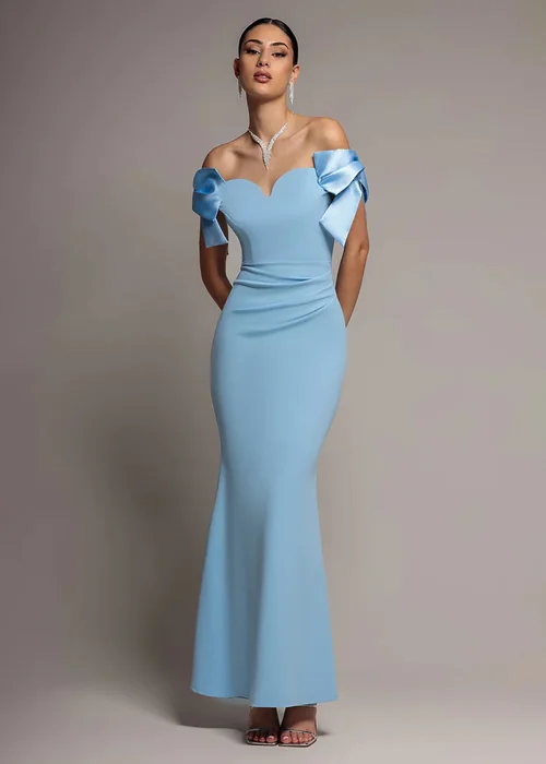 Goddiva Ice Blue Satin Bow Bardot Sheath Maxi Dress - 10 Image 1