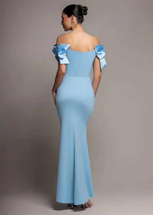 Goddiva Ice Blue Satin Bow Bardot Sheath Maxi Dress - 10 Image 2