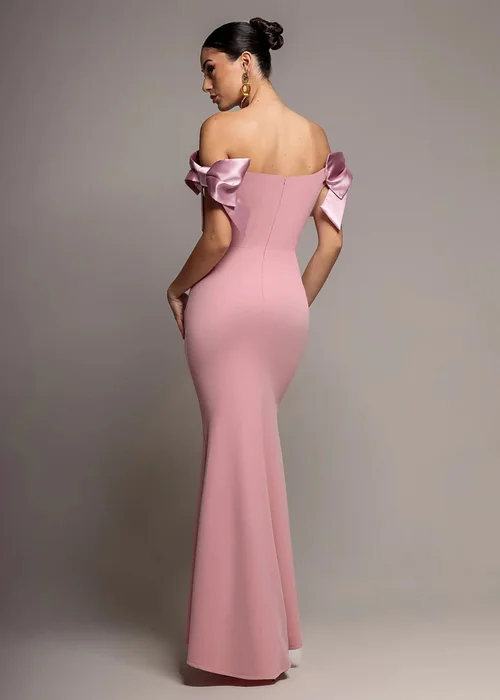 Goddiva Blush Satin Bow Bardot Sheath Maxi Dress - 10 Image 2