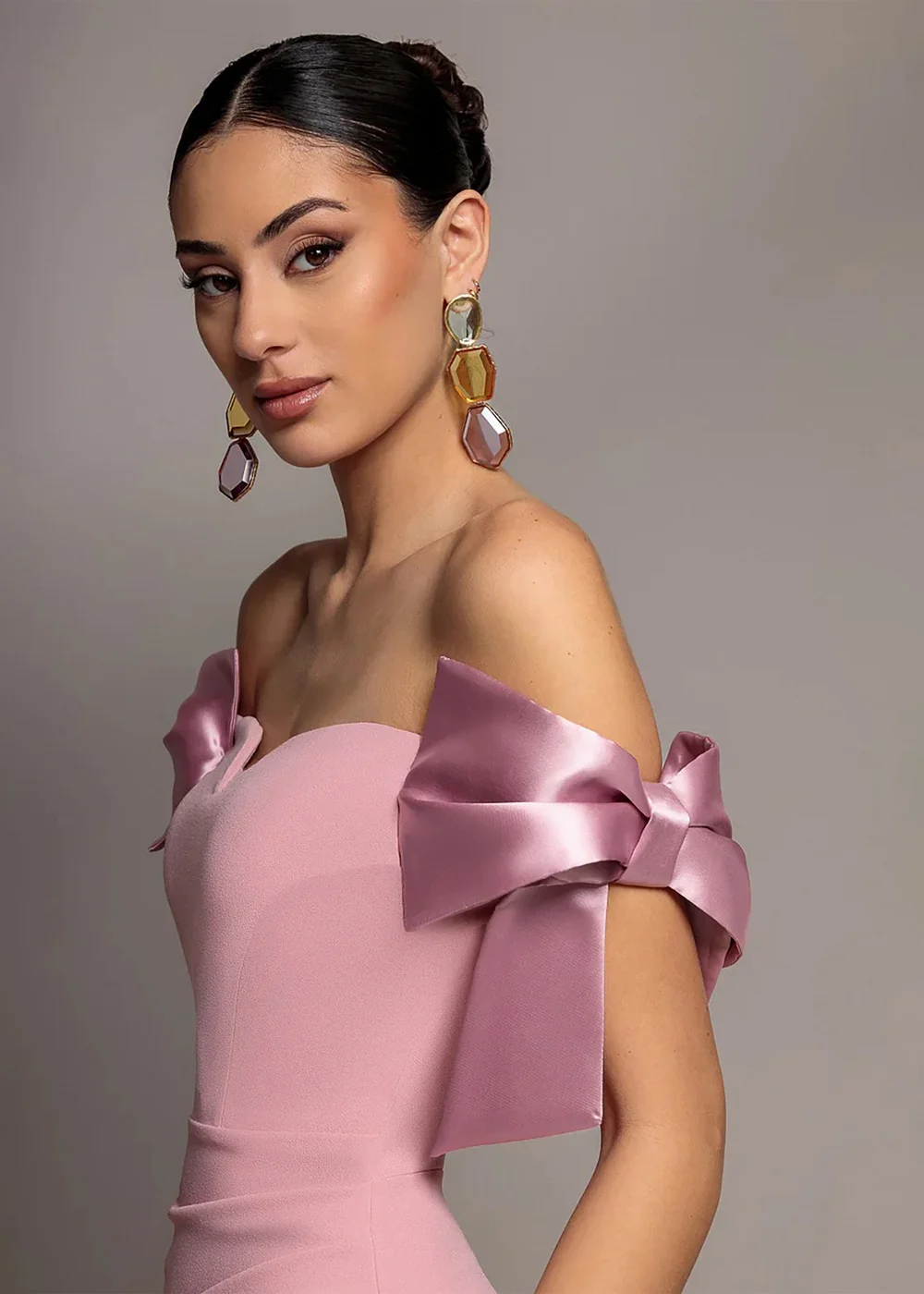 Goddiva Blush Satin Bow Bardot Sheath Maxi Dress - 10 Image 3