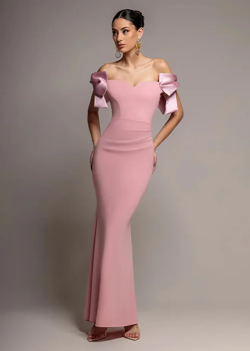 Goddiva Blush Satin Bow Bardot Sheath Maxi Dress - 10 Image 1