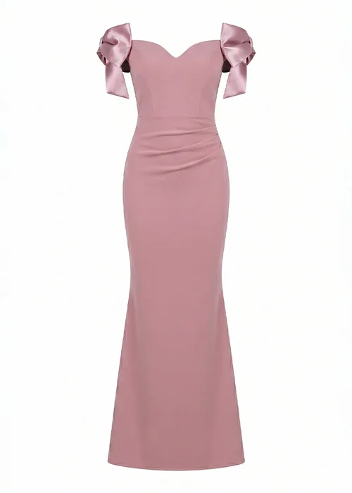 Goddiva Blush Satin Bow Bardot Sheath Maxi Dress - 10 Image 5