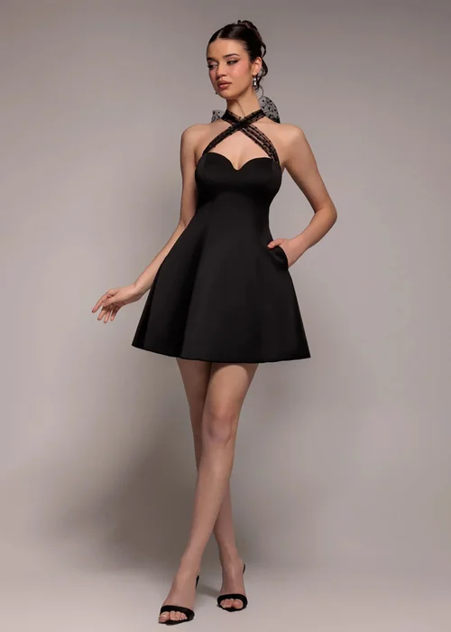 Goddiva Black Scuba & Polka Mesh Bella Bow Multiway Skater Mini Dress - 14 Image 1