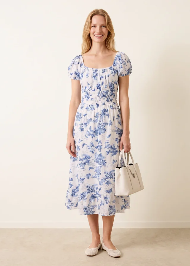 Blue Vanilla Blue Off The Shoulder Puff Sleeve Shirred Print Dress